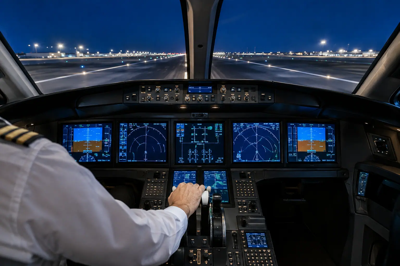 Business jet cockpit before departure