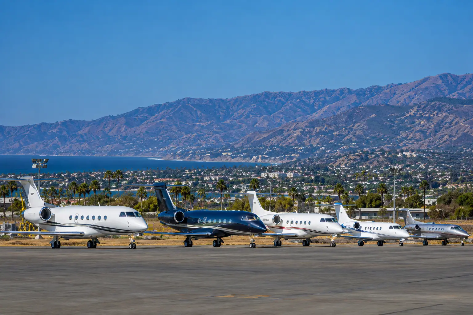 Business jets of different sizes on a ramp